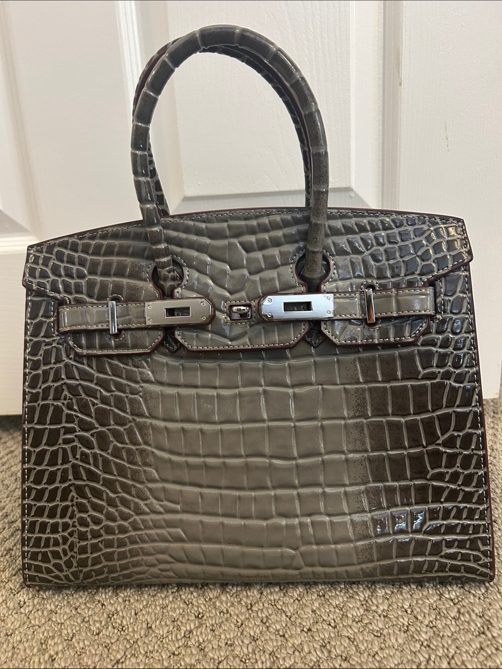 Croc-Embossed Structured Top-Handle Briefcase in Dark Gray